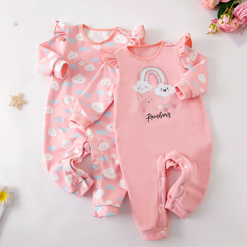 Autumn and Winter Baby Romper, Long-Sleeve, Cute Daily Wear with Rainbow Print, Warm Baby Jumpsuit