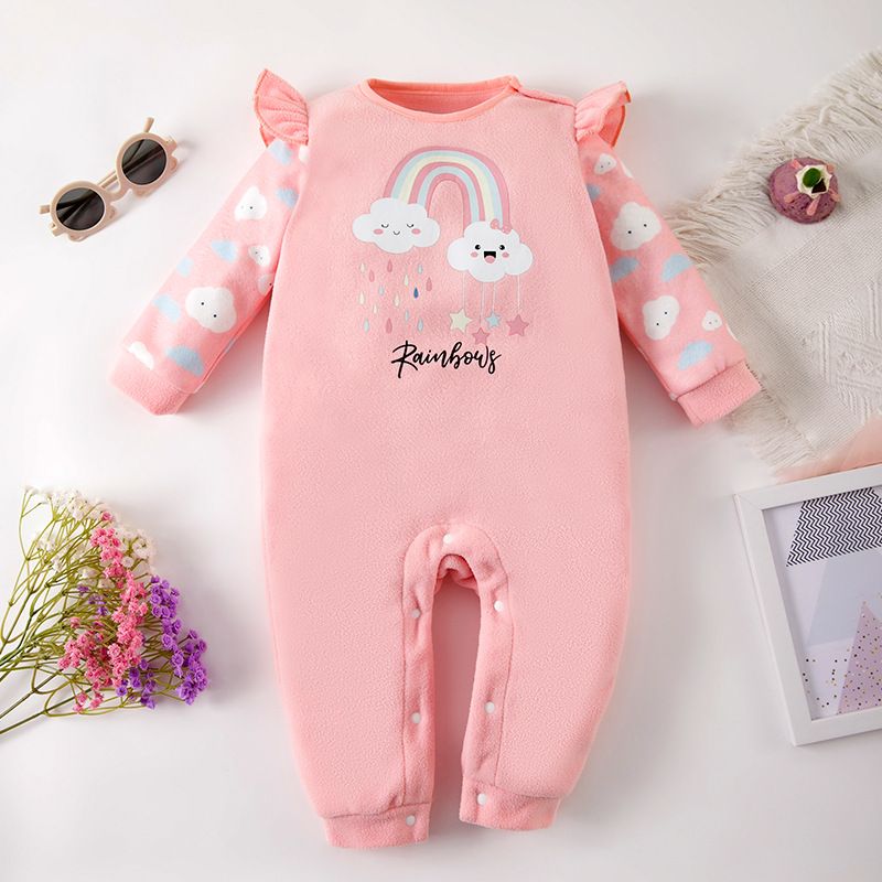 Autumn and Winter Baby Romper, Long-Sleeve, Cute Daily Wear with Rainbow Print, Warm Baby Jumpsuit