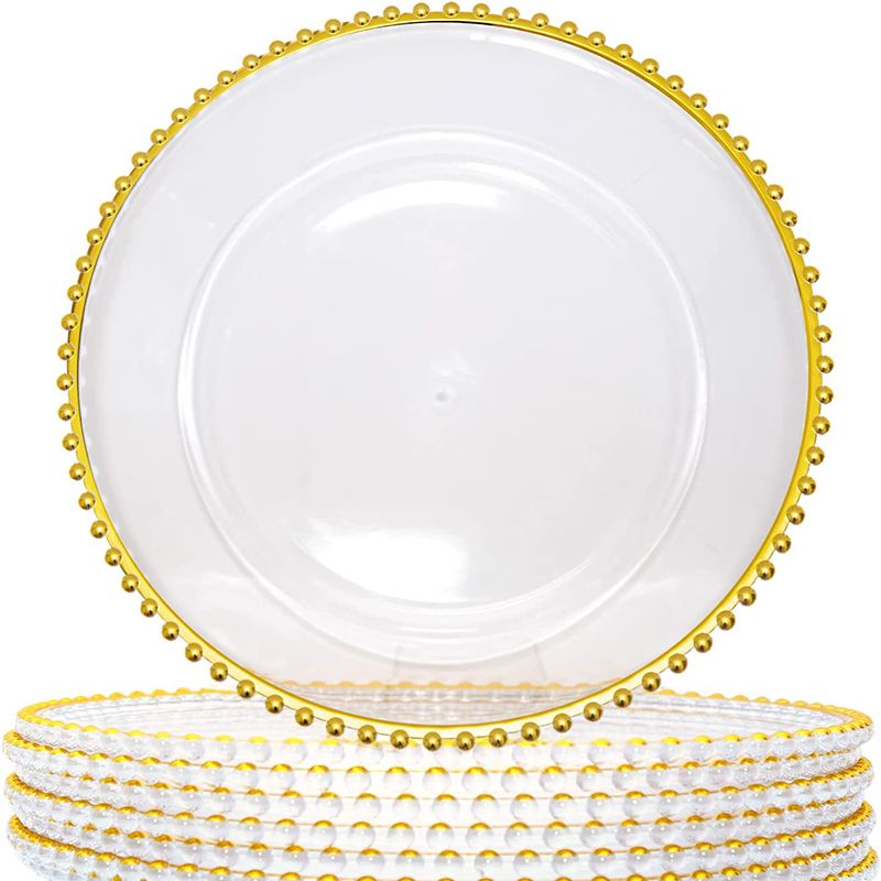 13inch decorative transparent plate for wedding dinner under plate decorations clear charger plates with gold beaded rim