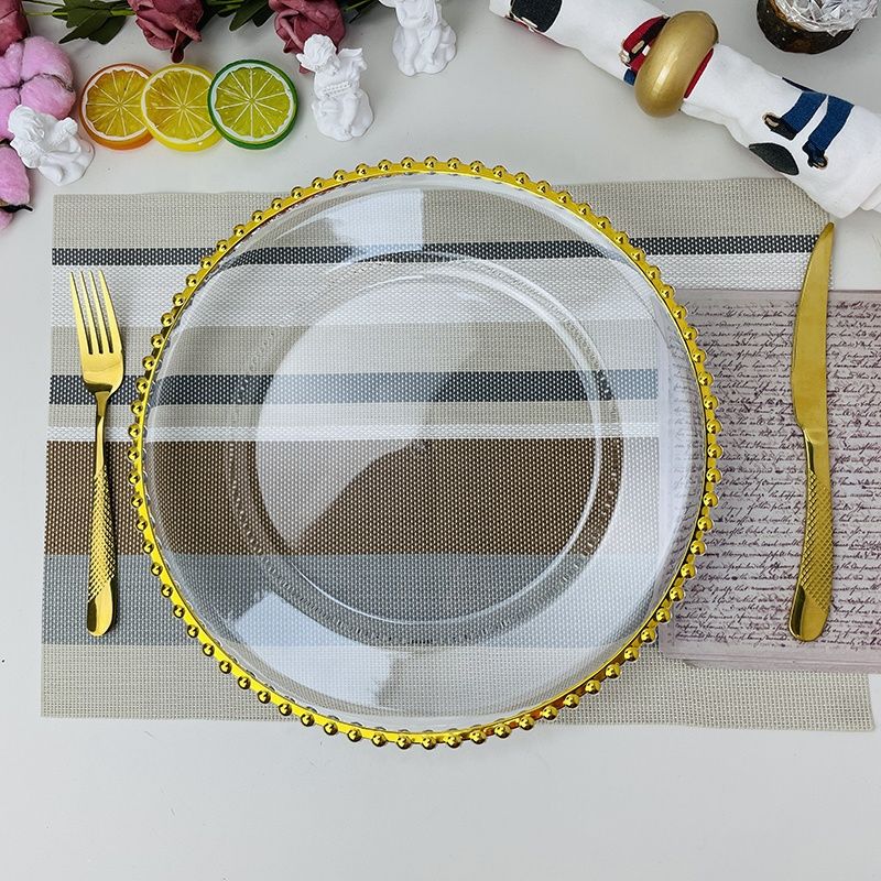 13inch decorative transparent plate for wedding dinner under plate decorations clear charger plates with gold beaded rim