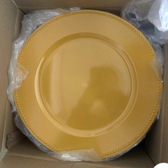 Wedding 13 inch Decorative Round Gold Foil Plastic Charger plate with gold beads for event Dinner Plate