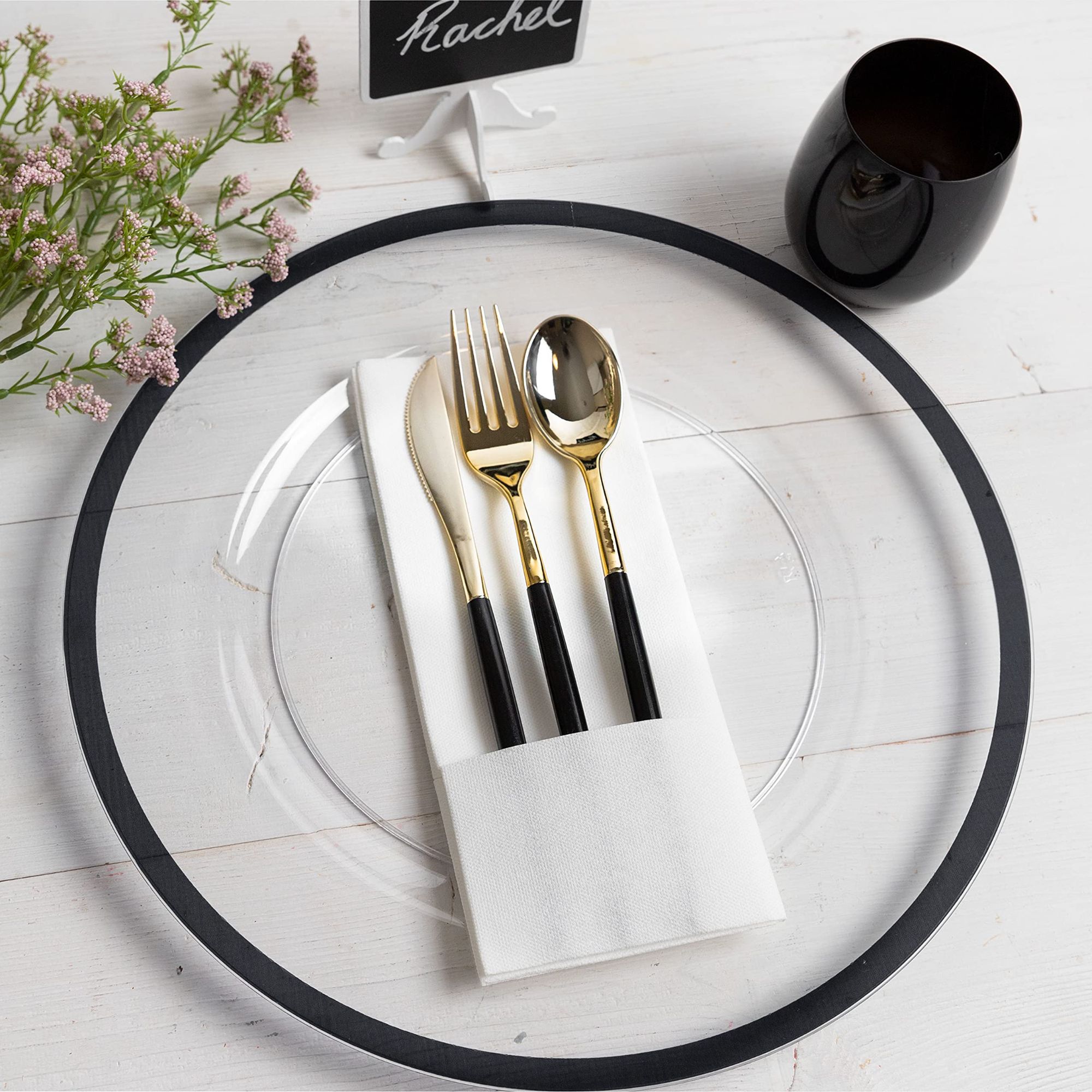 13 Inch Heavy Duty Plastic Durable Heavy Weight Charger Service Plates Dinner Clear Gold Rim Charger Plates For Weddings