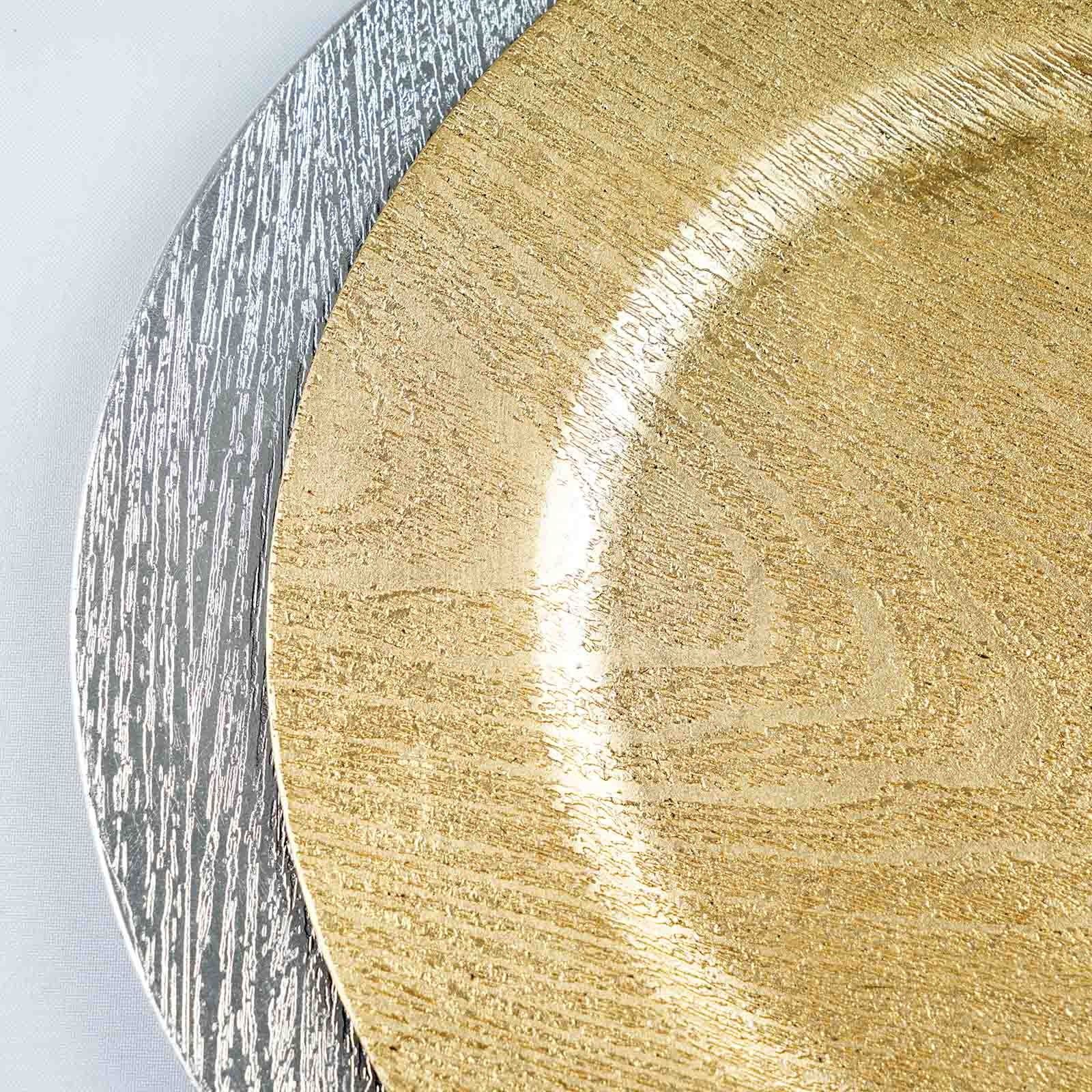 Wedding Anniversary 13in Gold Wooden Textured Round Plastic Charger Plates for Dining Serving Reception Table Dinner