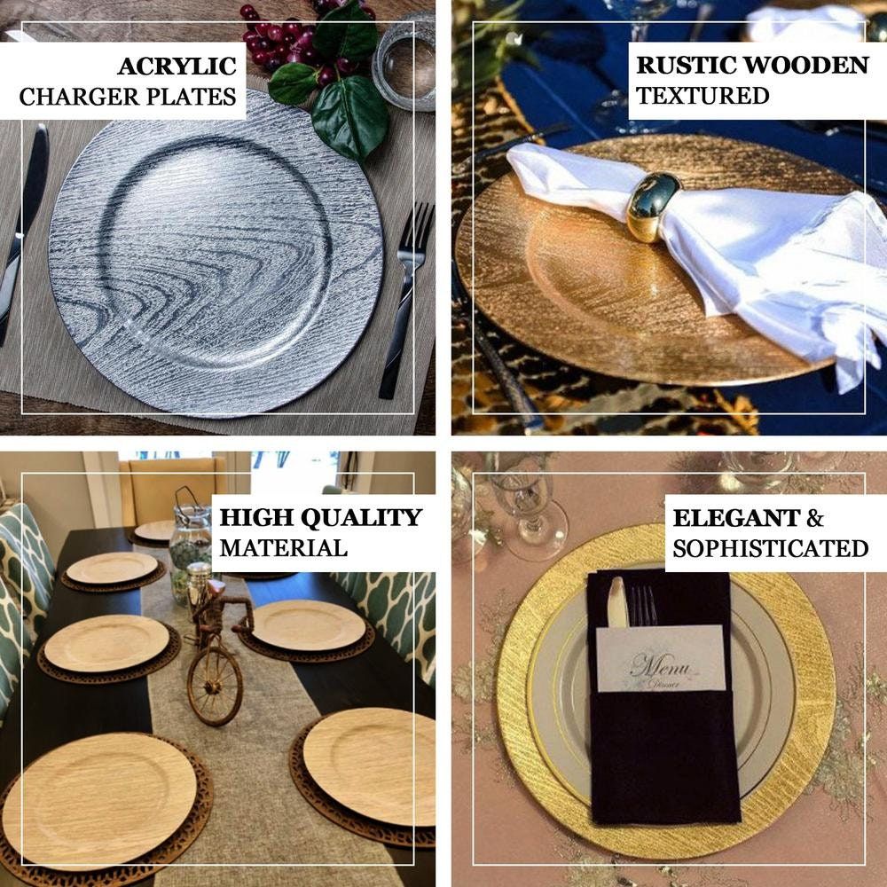 Wedding Anniversary 13in Gold Wooden Textured Round Plastic Charger Plates for Dining Serving Reception Table Dinner