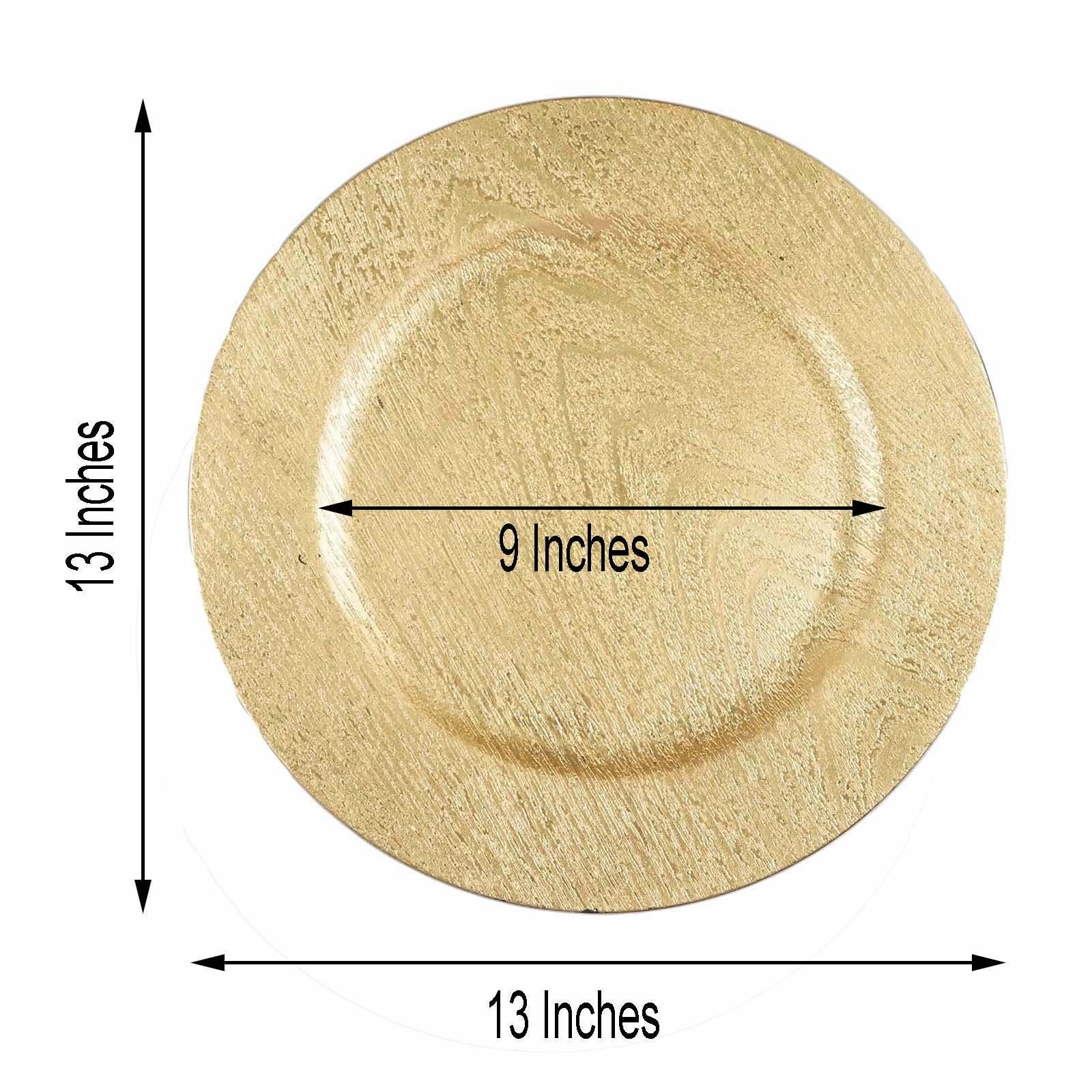 Wedding Anniversary 13in Gold Wooden Textured Round Plastic Charger Plates for Dining Serving Reception Table Dinner