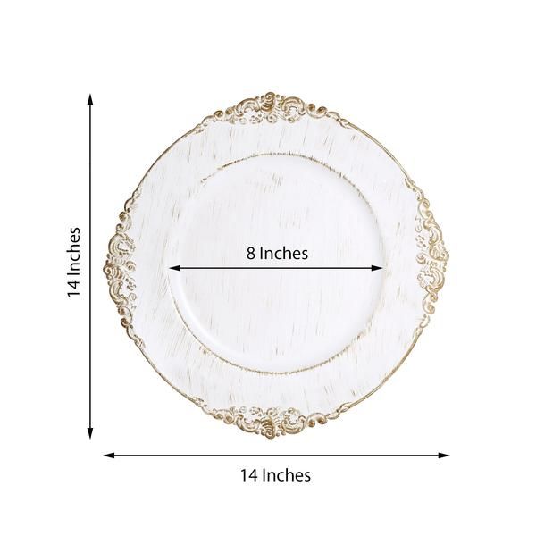 13 inch Antique Round Plastic Victorian Charger Plates with Baroque Leaf Embossed Rim for Dining Serving Reception Table Dinner