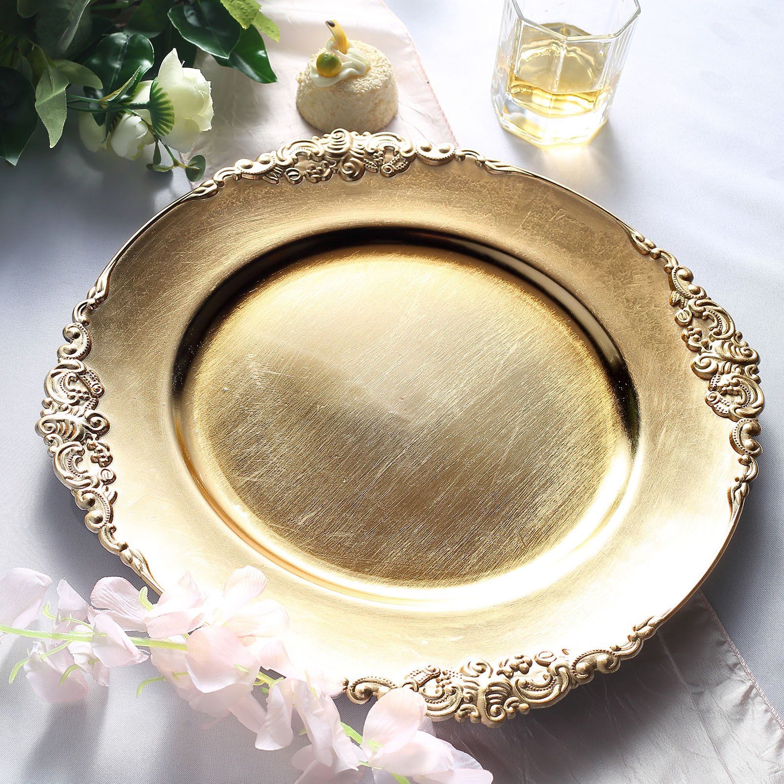 13 inch Antique Round Plastic Victorian Charger Plates with Baroque Leaf Embossed Rim for Dining Serving Reception Table Dinner