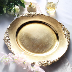 13 inch Antique Round Plastic Victorian Charger Plates with Baroque Leaf Embossed Rim for Dining Serving Reception Table Dinner