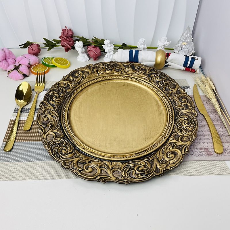 13inch under plate decorations burgundy decorative plate charger for dinner antique gold plastic charger plates