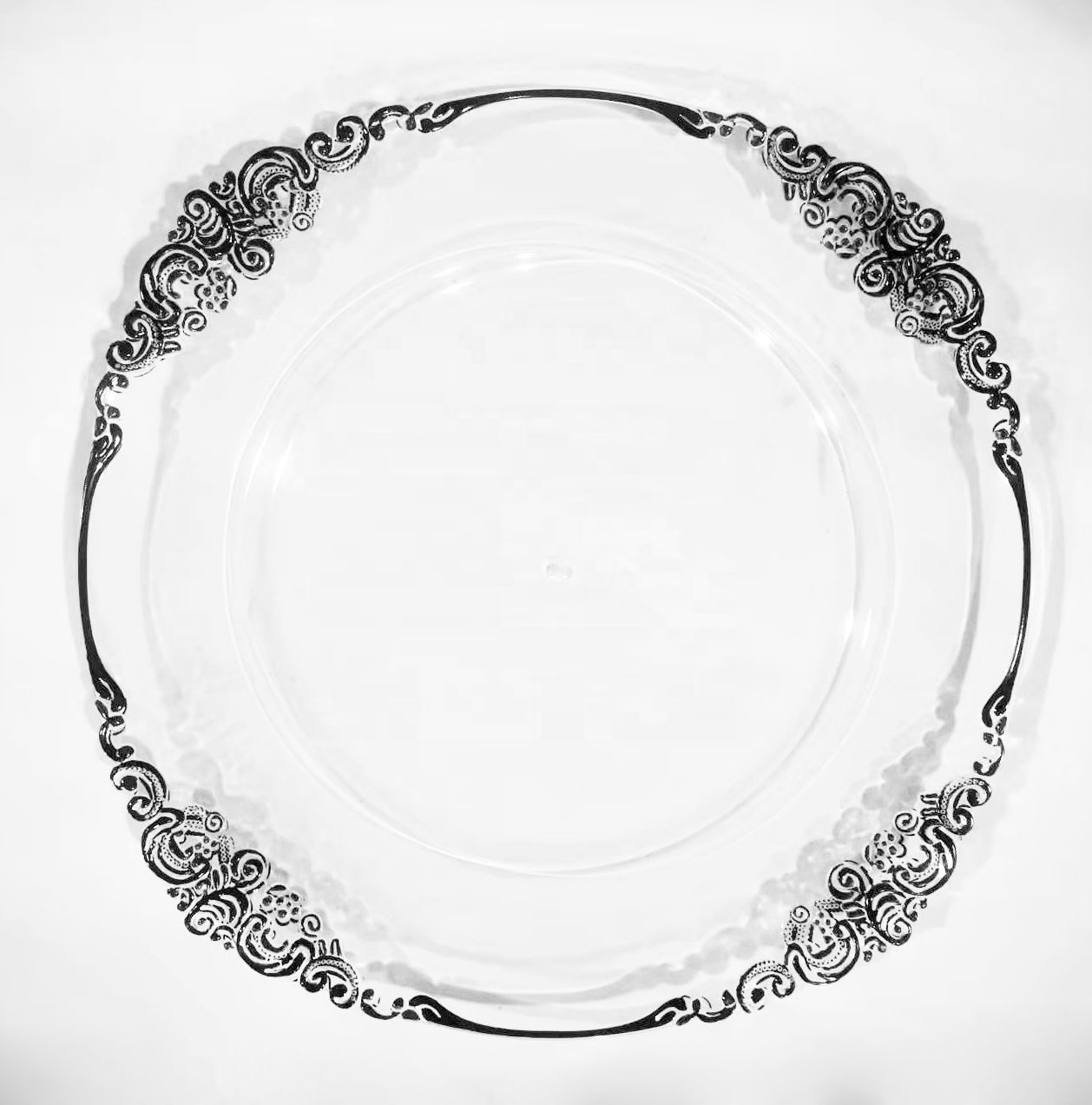 13 inch cheap wholesale table reef acrylic plastic silver rose gold rim clear charger plates wedding decoration for dinner