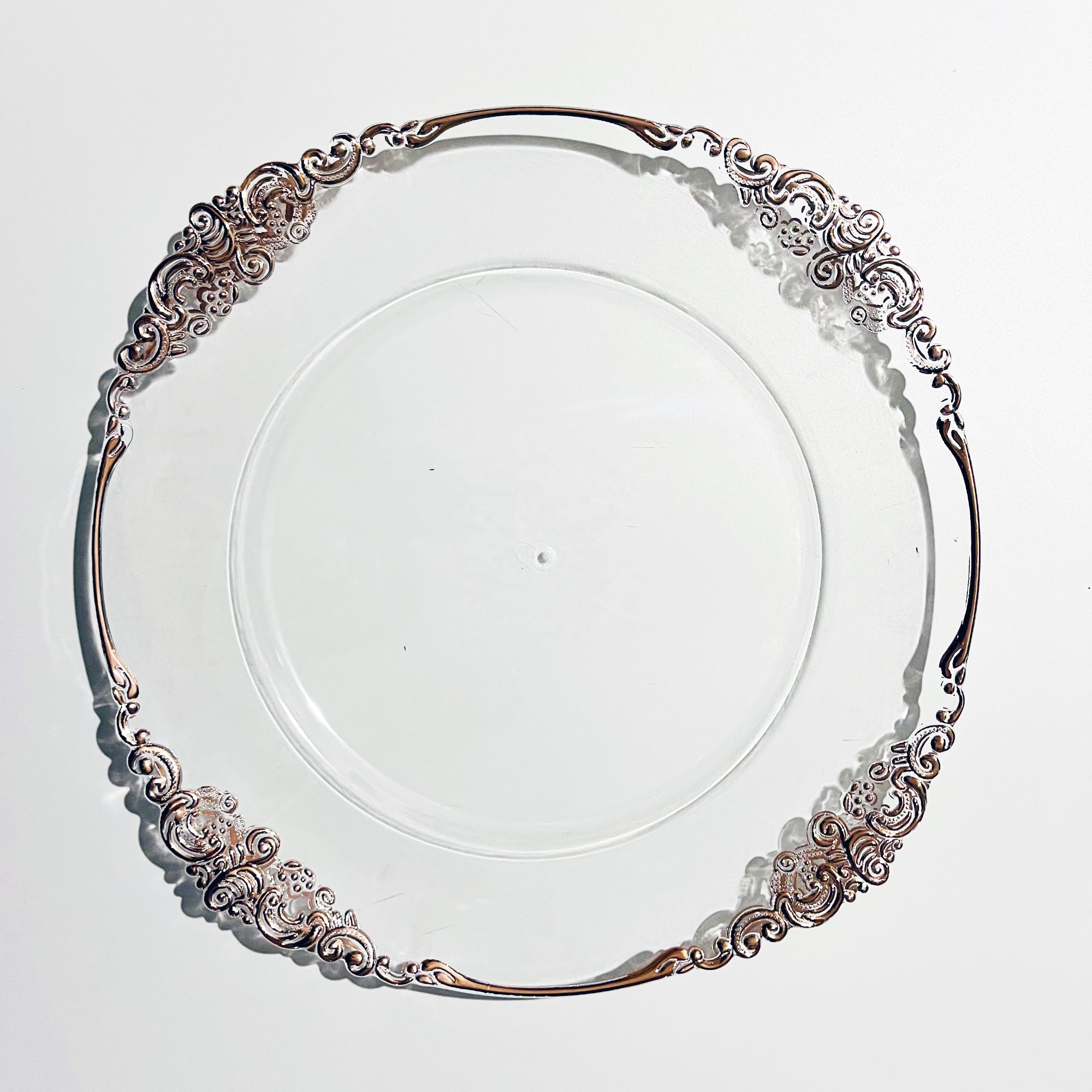 13 inch cheap wholesale table reef acrylic plastic silver rose gold rim clear charger plates wedding decoration for dinner