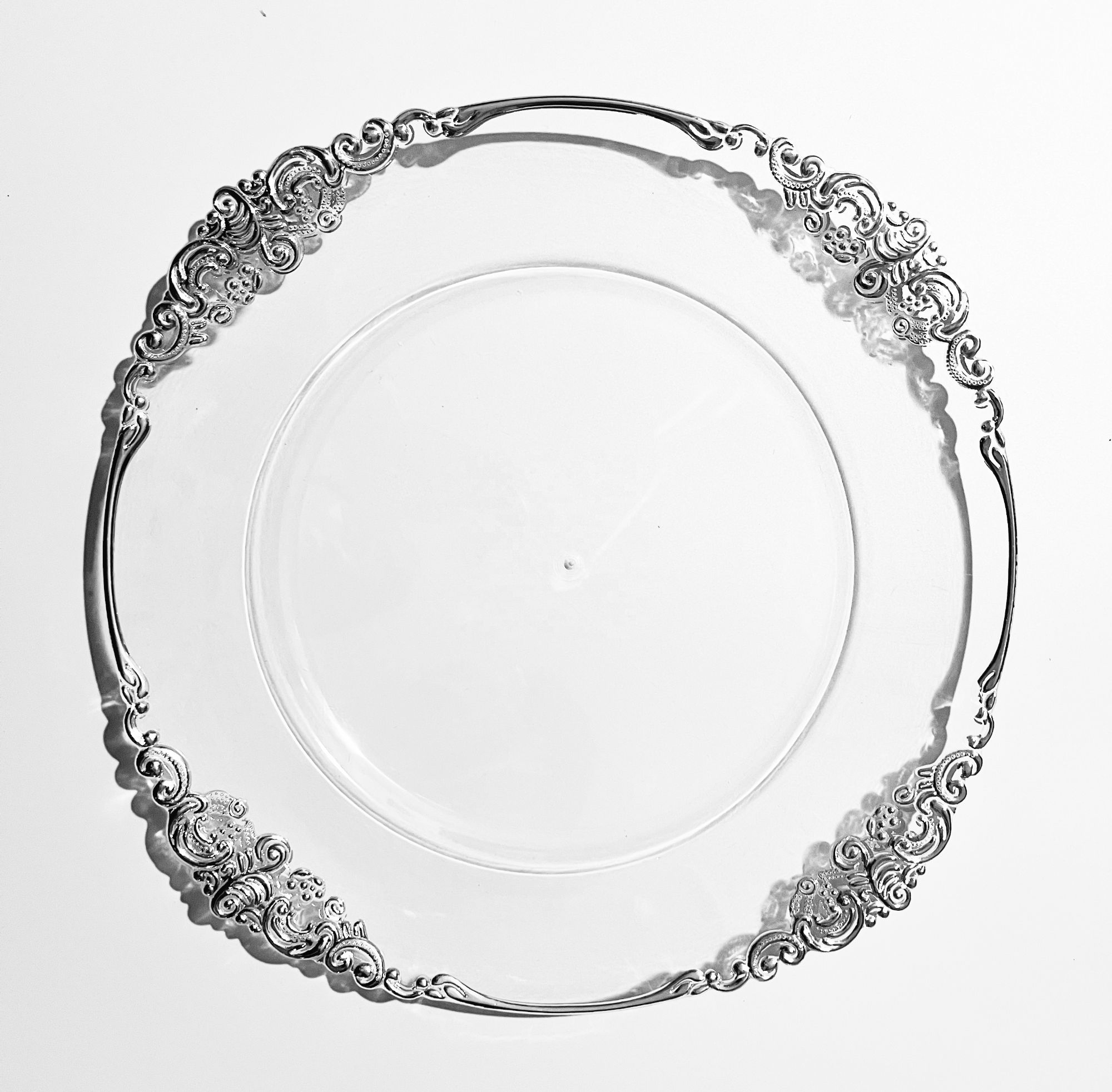 13 inch cheap wholesale table reef acrylic plastic silver rose gold rim clear charger plates wedding decoration for dinner