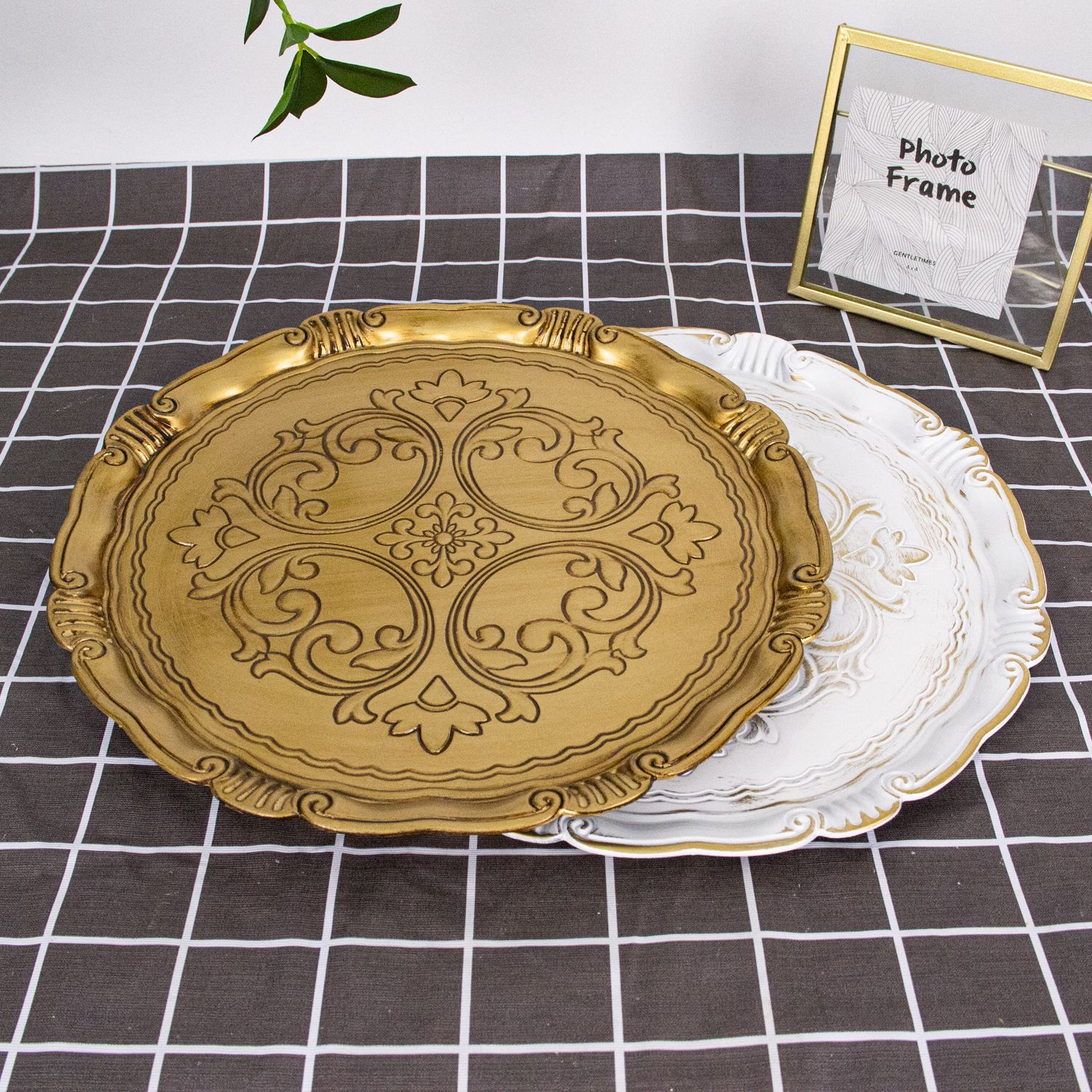 13 inch gold reef plastic charger plates for dinner under plate decoration