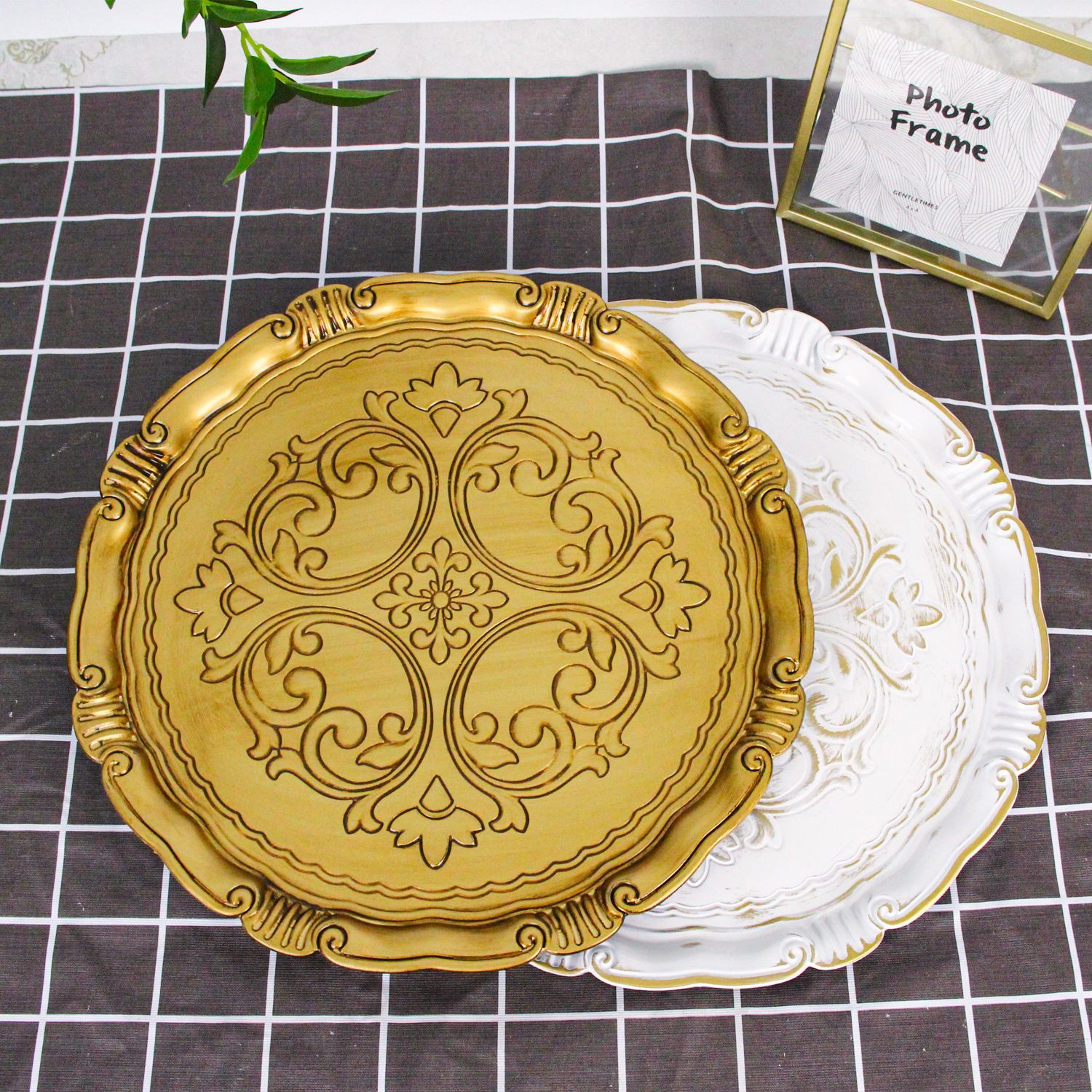 13 inch gold reef plastic charger plates for dinner under plate decoration