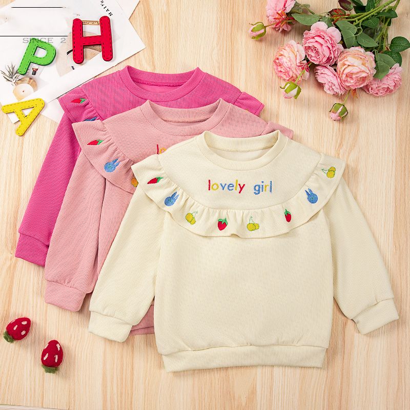 New Autumn/Winter Korean Style Girls' Top, Round Neck Cute Embroidered Sweatshirt for Daily Casual Wear