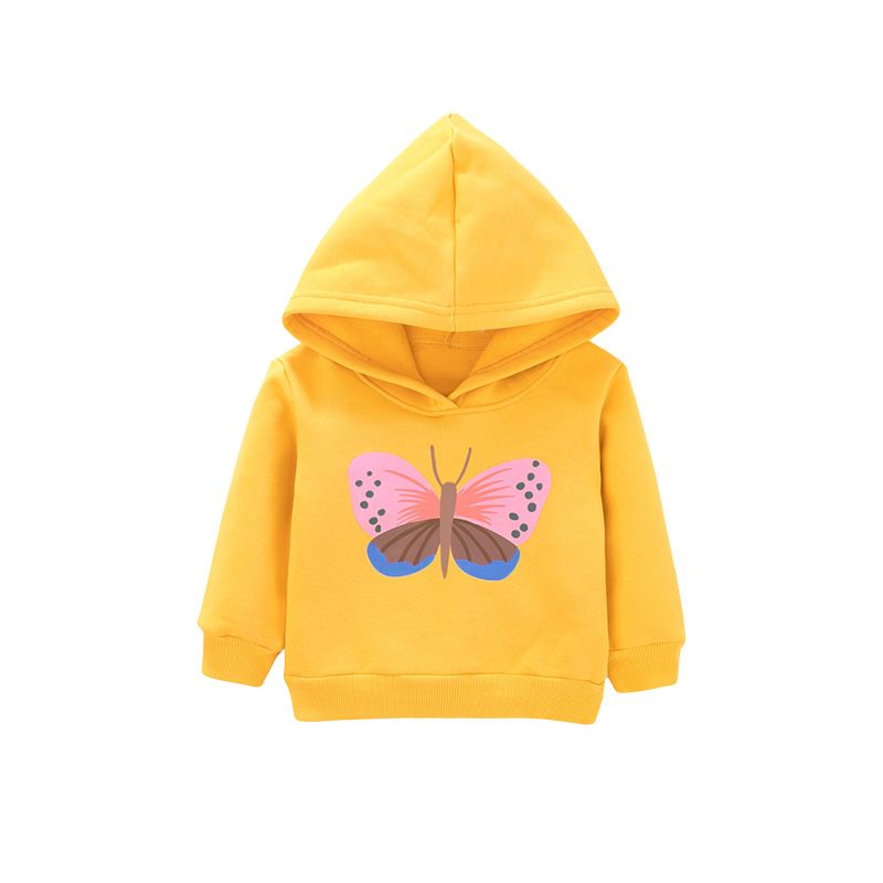 Autumn Children's Butterfly Pattern Hooded Sweatshirt, Pure Cotton Girls' Hoodie, Yellow, Lively and Casual.