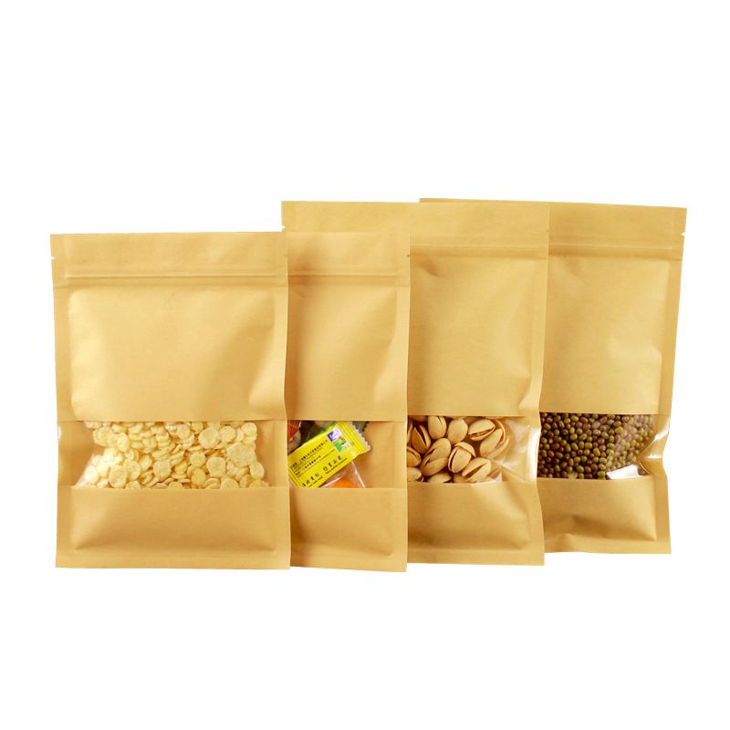 Custom logo kraft food paper bag Snack nuts grain paper stand up pouch with zipper and clear window