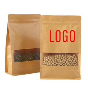 Recycled stand up pouch sealable packaging food storage kraft paper bag with zipper and clear window