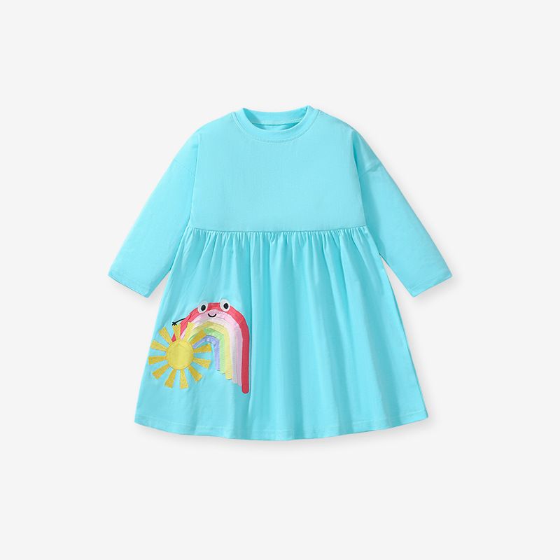 Autumn European Style Cute Girls' Long-Sleeve Dress, Cotton Blue Rainbow Sun Print Casual Versatile Kids Dress