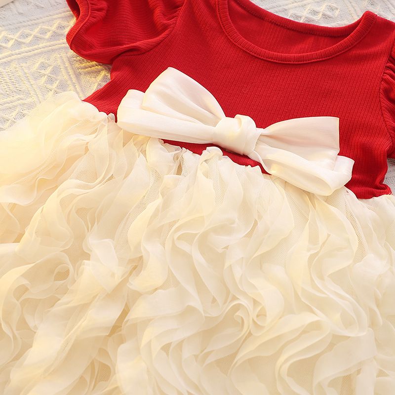 New Summer Girls' Bow Princess Dress, Puffy Tulle Skirt, Stylish 3D Flower Cute Baby Dress for Weddings and Parties