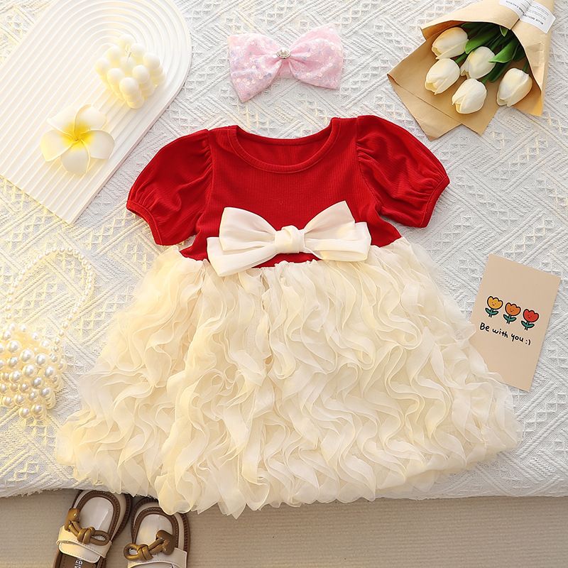 New Summer Girls' Bow Princess Dress, Puffy Tulle Skirt, Stylish 3D Flower Cute Baby Dress for Weddings and Parties