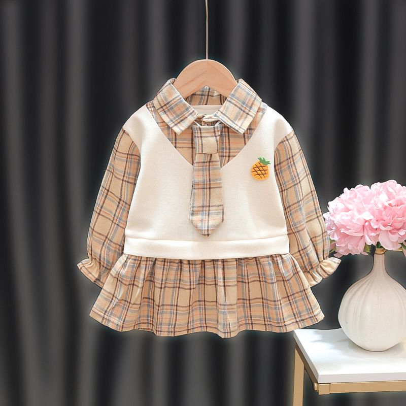 Autumn Girls' Plaid Shirt Dress Set, Cute Embroidered Tie Dress, College Style Long-Sleeve Short Dress