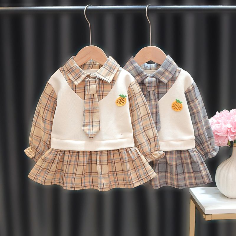 Autumn Girls' Plaid Shirt Dress Set, Cute Embroidered Tie Dress, College Style Long-Sleeve Short Dress