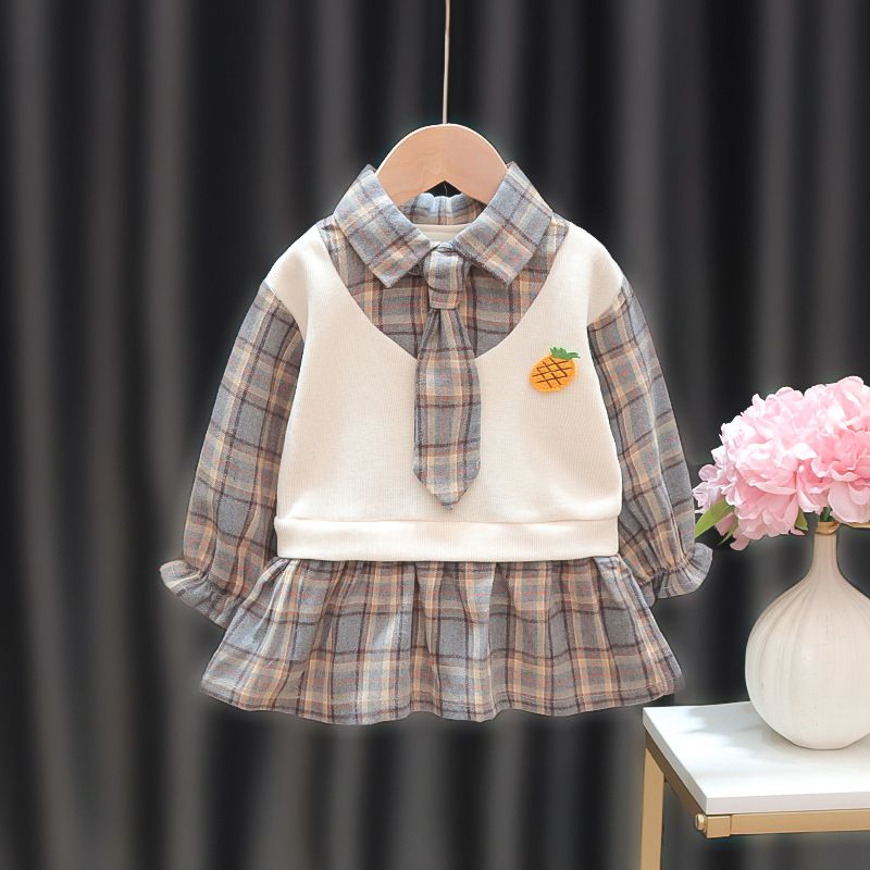 Autumn Girls' Plaid Shirt Dress Set, Cute Embroidered Tie Dress, College Style Long-Sleeve Short Dress