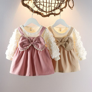 Autumn Girls' Bow Puffy Dress, Long-Sleeve Cute Lace Princess Dress, Elegant Party and Wedding Outfit