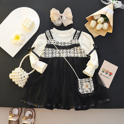 Autumn/Winter Girls' Dress Set with Plaid Patchwork Elegant and Cute Princess Style Tulle Dress and Long-Sleeve Sweater Long