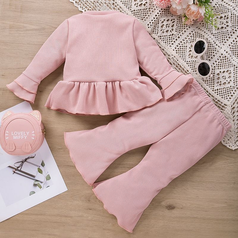 Girls' Spring Autumn Long-Sleeve Bow Top and Flared Pants Two-Piece Set, Cute Princess Comfortable Soft Fashionable Casual Outf