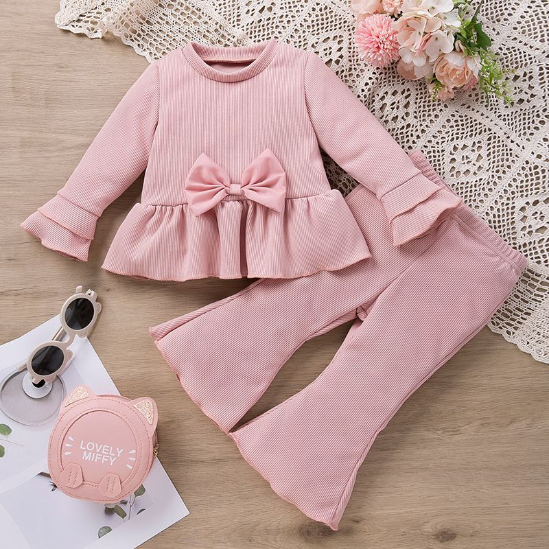 Girls' Spring Autumn Long-Sleeve Bow Top and Flared Pants Two-Piece Set, Cute Princess Comfortable Soft Fashionable Casual Outf