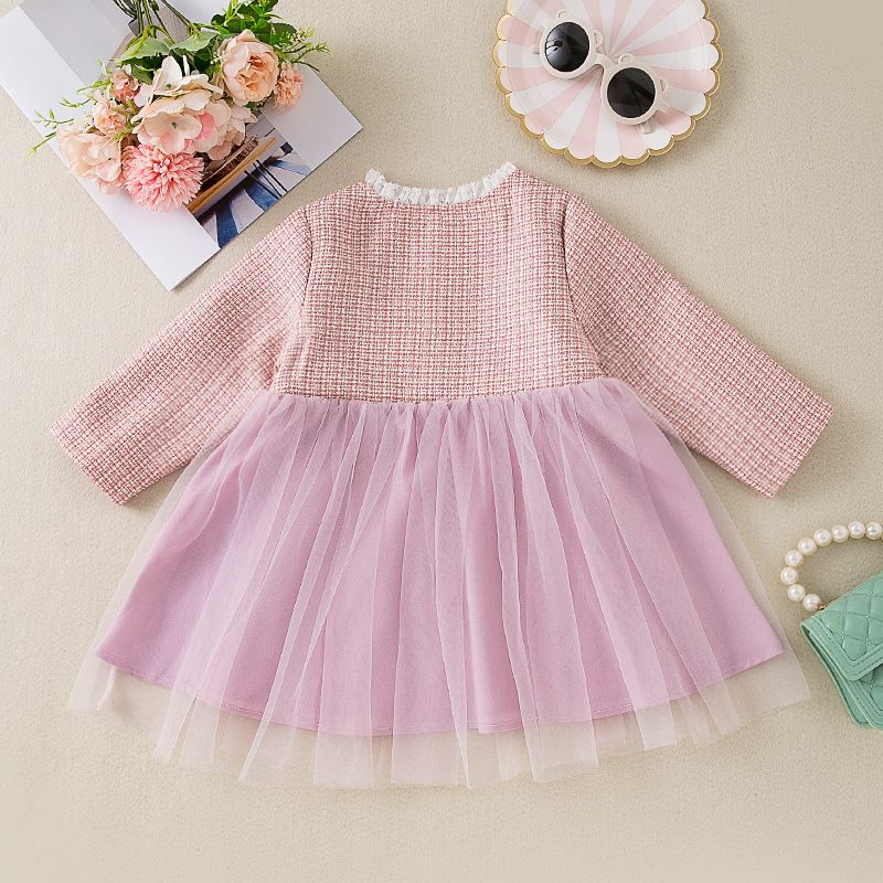 Autumn Girls' Long-Sleeve Dress Fashion Splicing Elegant Cute Party Pleated Mesh Princess Dress