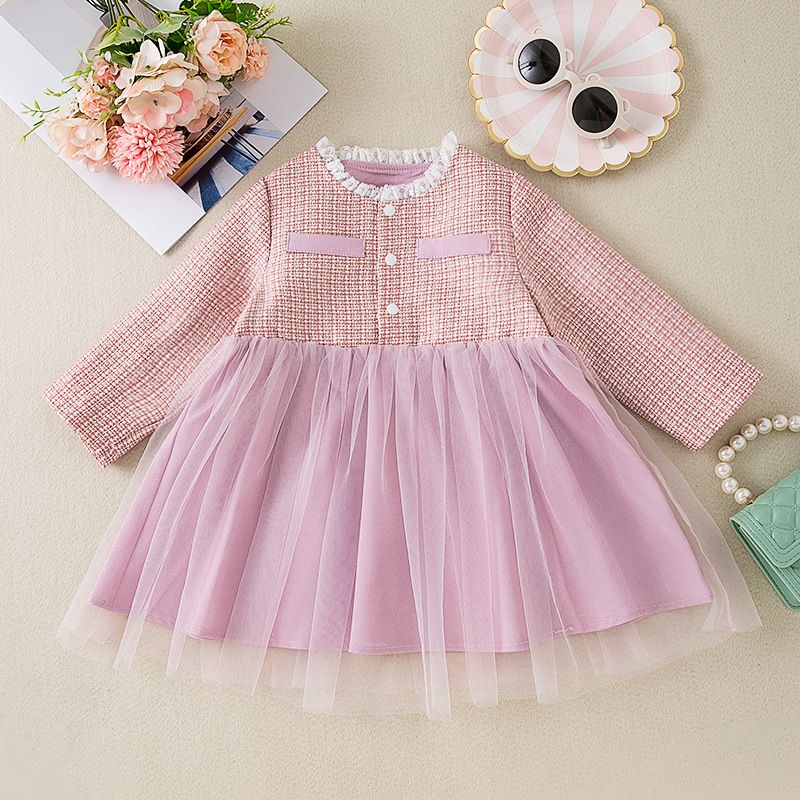 Autumn Girls' Long-Sleeve Dress Fashion Splicing Elegant Cute Party Pleated Mesh Princess Dress