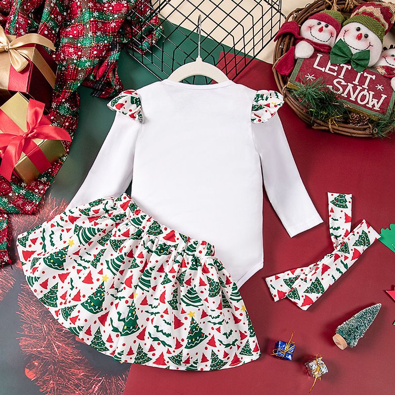 Baby Clothing Christmas Set Newborn Long-Sleeve Romper with Christmas Pattern Headband Festive Outfit Cute Party Skirt