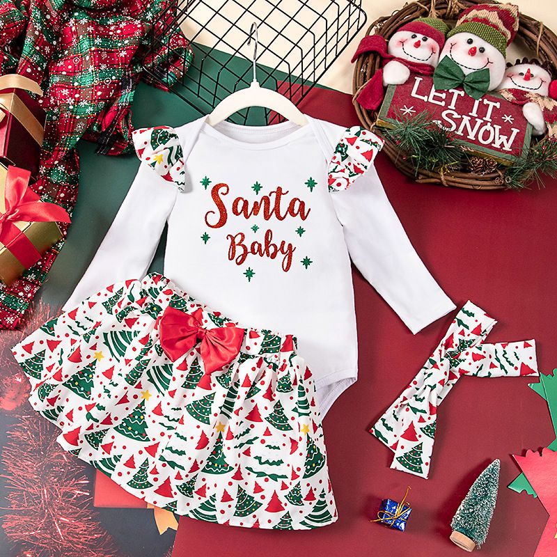 Baby Clothing Christmas Set Newborn Long-Sleeve Romper with Christmas Pattern Headband Festive Outfit Cute Party Skirt