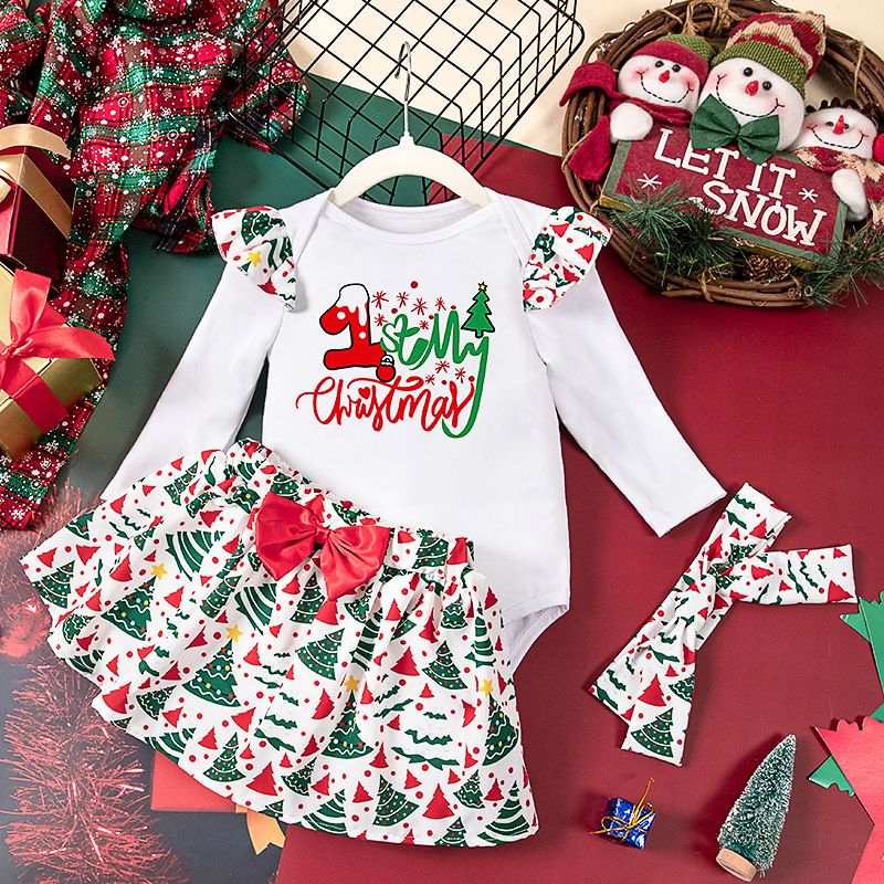 Baby Clothing Christmas Set Newborn Long-Sleeve Romper with Christmas Pattern Headband Festive Outfit Cute Party Skirt