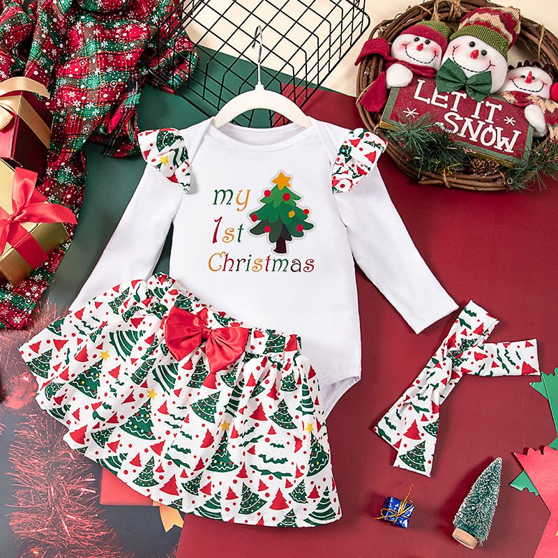 Baby Clothing Christmas Set Newborn Long-Sleeve Romper with Christmas Pattern Headband Festive Outfit Cute Party Skirt