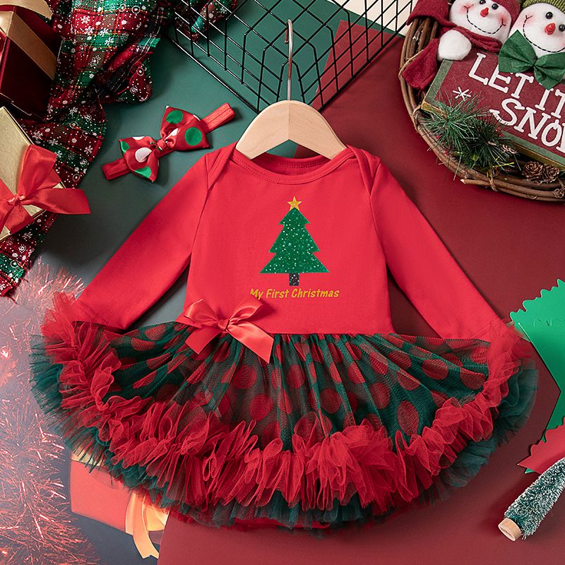 Girls' Christmas Long-Sleeve Dress Princess Tutu Dress Festive Party Outfit Cute Fashionable Gift Mesh Skirt