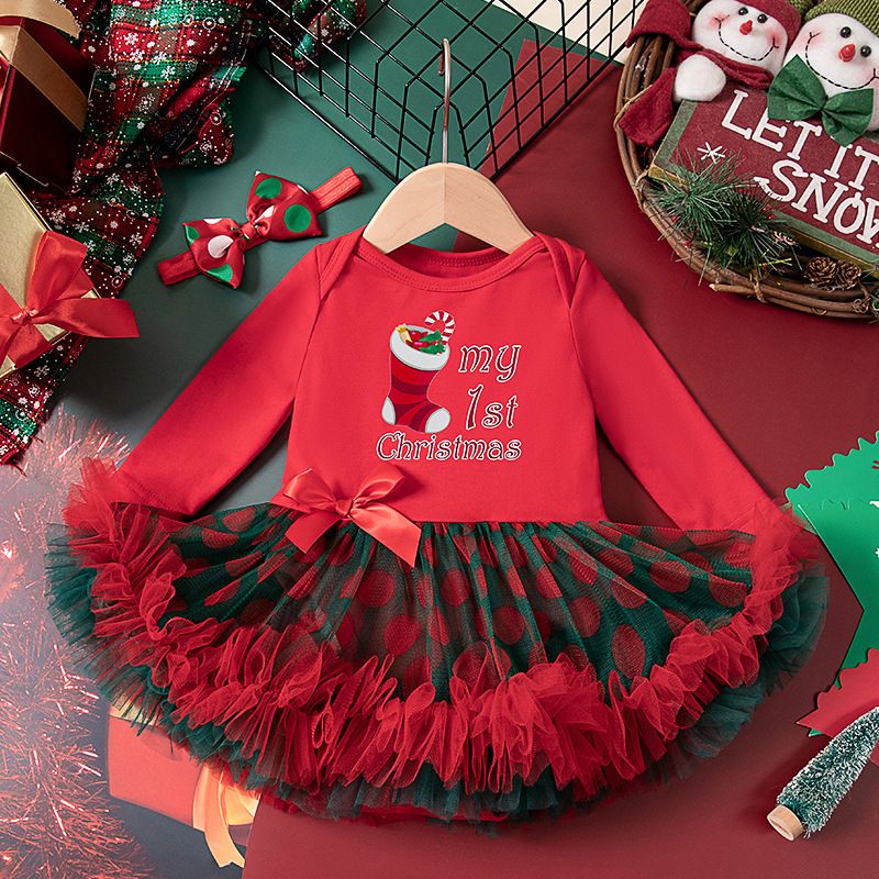 Girls' Christmas Long-Sleeve Dress Princess Tutu Dress Festive Party Outfit Cute Fashionable Gift Mesh Skirt