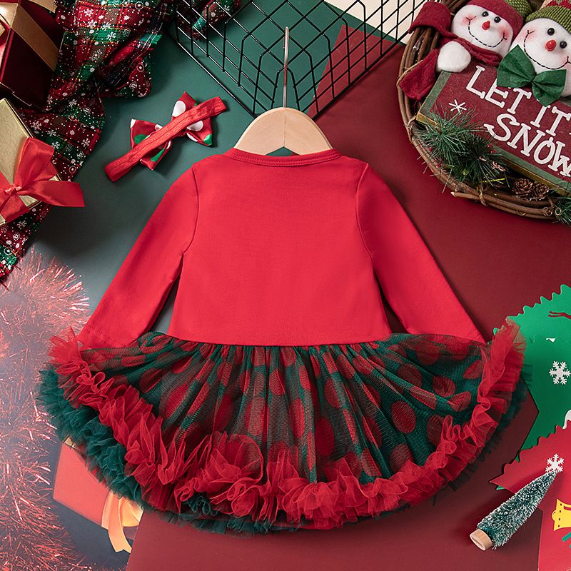 Girls' Christmas Long-Sleeve Dress Princess Tutu Dress Festive Party Outfit Cute Fashionable Gift Mesh Skirt