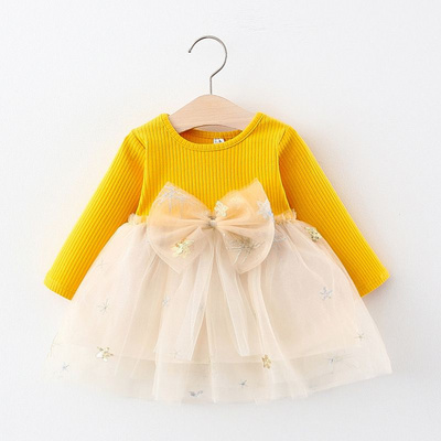 Girls' Autumn Winter Long-Sleeve Dress Bowknot Mesh Skirt Princess Cute Fashionable Dress Comfortable Versatile Long-Sleeve