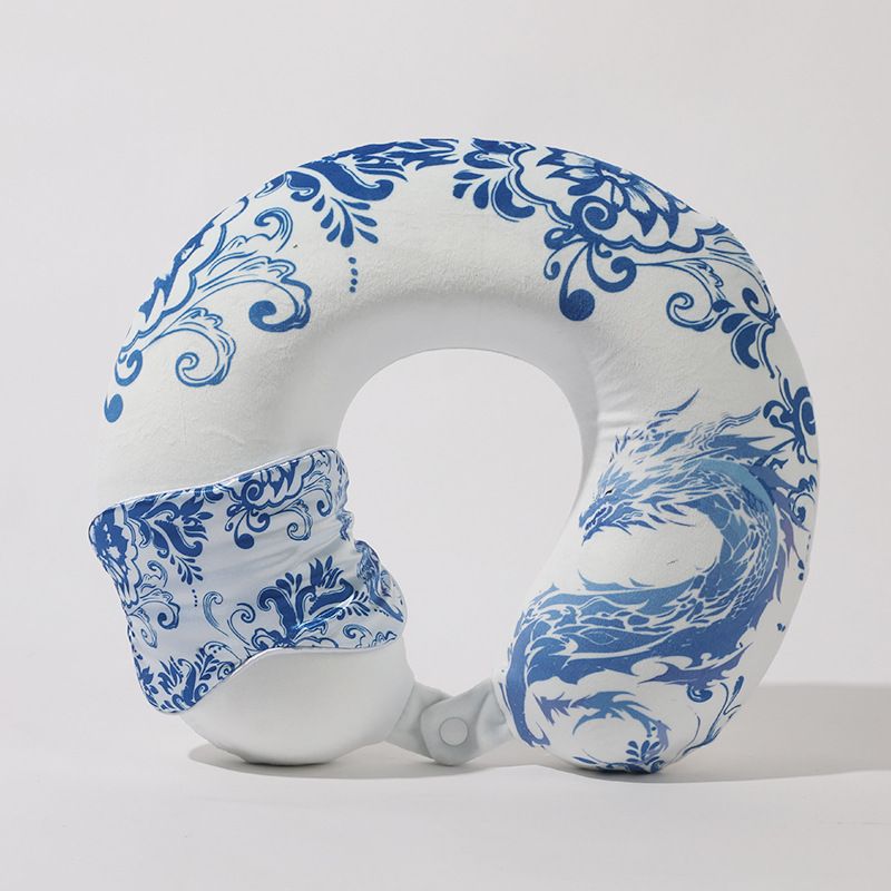 Blue and White Porcelain Decoration Memory Foam U-Shaped Pillow With Eye Mask Chinese Characteristic