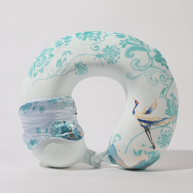 Blue and White Porcelain Decoration Memory Foam U-Shaped Pillow With Eye Mask Chinese Characteristic