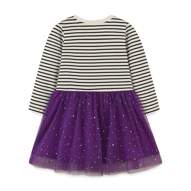 Cute girls' Halloween striped long-sleeve dress with Halloween cat striped pattern and purple tutu skirt