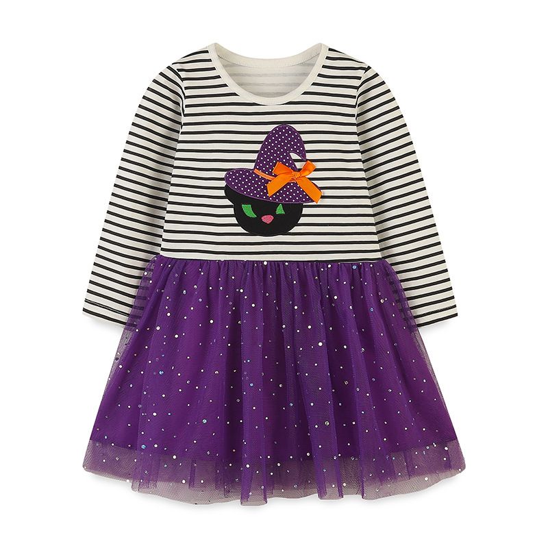 Cute girls' Halloween striped long-sleeve dress with Halloween cat striped pattern and purple tutu skirt