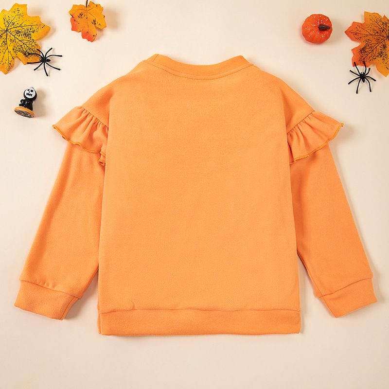 Cute girls' Halloween pumpkin pattern long-sleeve sweatshirt, adorable casual orange ruffle sleeve