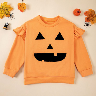 Cute girls' Halloween pumpkin pattern long-sleeve sweatshirt, adorable casual orange ruffle sleeve