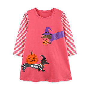 Autumn Winter Girls' Long-Sleeve T-Shirt Dress Cute Animal Print Halloween Style Striped Sleeve Patchwork Top