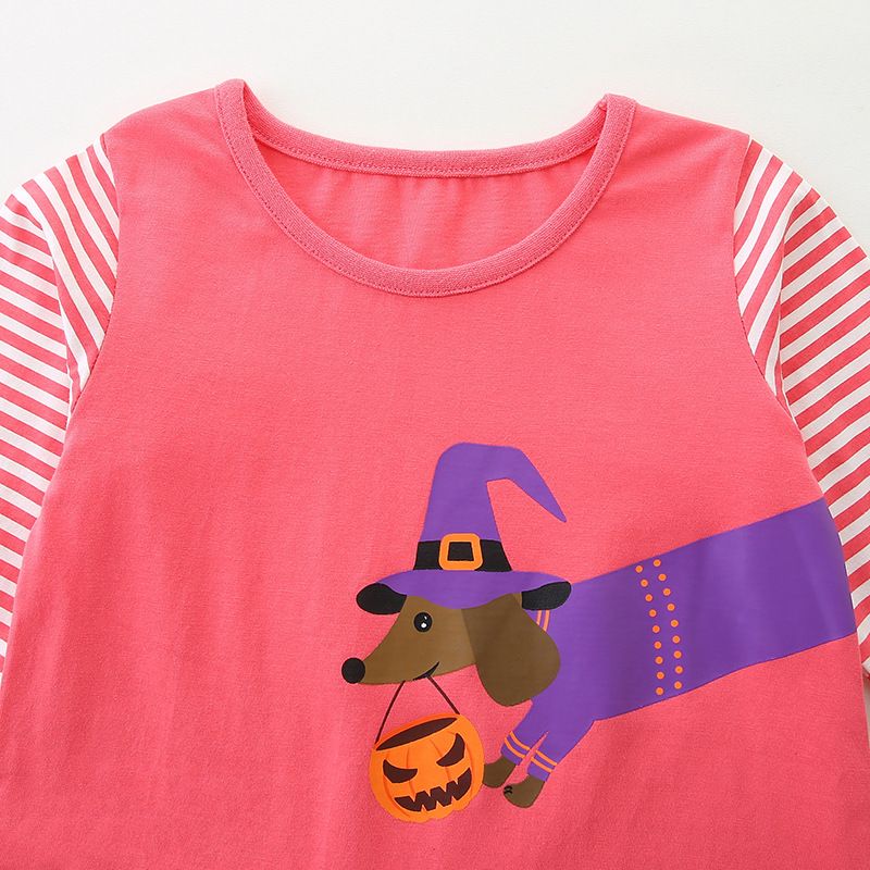 Autumn Winter Girls' Long-Sleeve T-Shirt Dress Cute Animal Print Halloween Style Striped Sleeve Patchwork Top